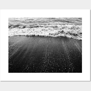 Dramatic Ocean Waves Crashing on Sandy Beach, Black and White Posters and Art
